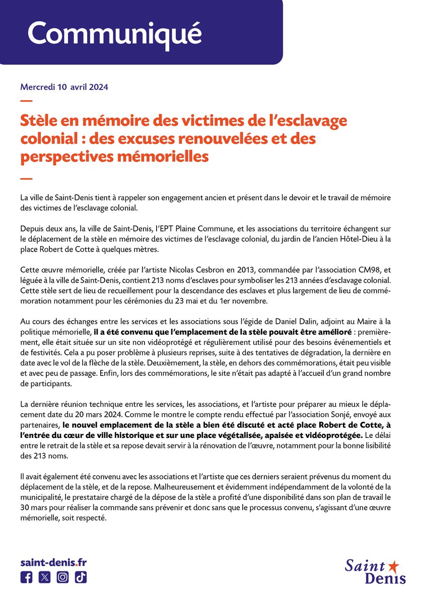 La municipalité de la @VilleSaintDenis présente publiquement ses excuses | #23mai #esclavage #NicolasCesbron @MathieuHanotin #sonjé @stephane1peu @leparisien_93 @PaulineBock @la1ere @FAGuadeloupe @FAMartinique | twitter.com/VilleSaintDeni…