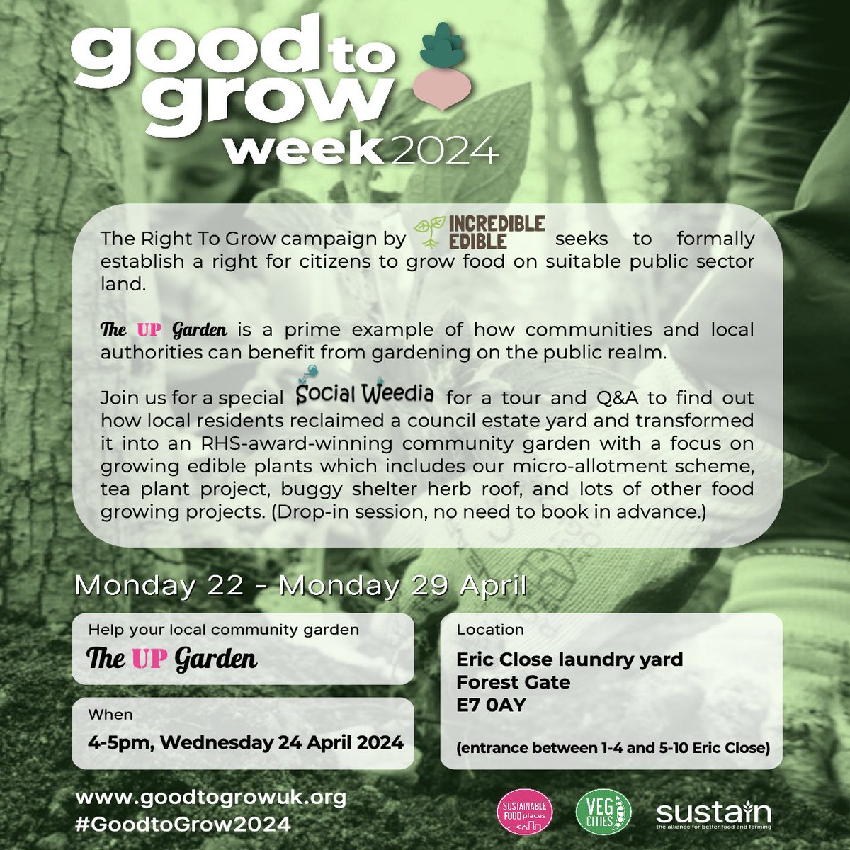 #GoodToGrowWeek will highlight a campaign for your right to grow food on suitable public sector land.

Join us on 24 April to find out how we reclaimed a council estate yard & transformed it into an RHS-award-winning community garden (with micro-allotments)!