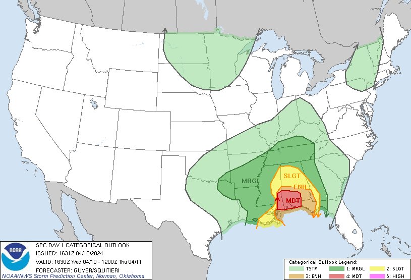 11:33am CDT #SPC Day1 Outlook Moderate Risk: across southeast MS, southern AL, FL Panhandle spc.noaa.gov/products/outlo…