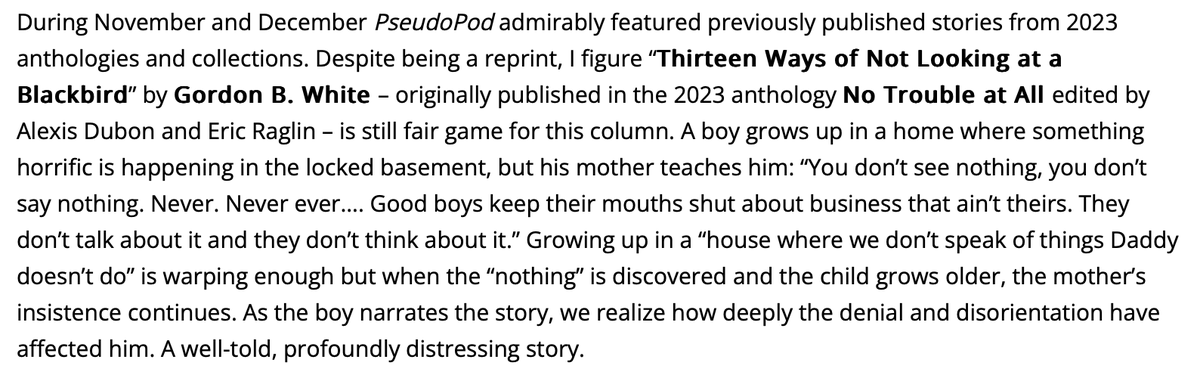 Very nice recommendation from Paula Guran for my story 'Thirteen Ways of Not Looking at a Blackbird' in this month's @locusmag. Originally in 'No Trouble at All' from @CursedMorsels, you can also listen to it over @PseudoPod_org: pseudopod.org/2023/11/24/pse…