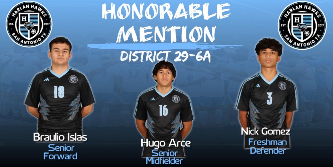 We are so proud of our HAWKS!!! UNDEFEATED District Champs, Bi-District, Area Champs & Regional Tournament Semifinalist!🔥 All-District Selections Below⬇️ #HawkYeah @NISDHarlan @NISD_Athletics @harlanhawkmedia @6a_28 @Soy_SAF @SATXSoccer @tascosoccer @50_50Pod @hinojosa_david