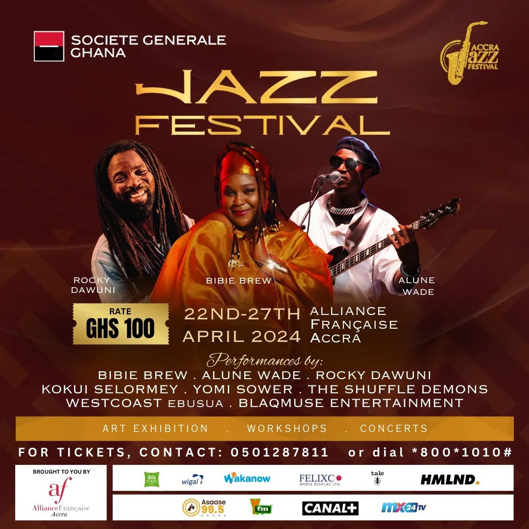 Experience an electrifying twist at the Societe Generale Ghana Jazz Festival, April 22-27 at Alliance Francaise Accra! Featuring a fusion of jazz & diverse genres, performances by Bibie Brew, Yomi Sower, Kokui Selormey, and more, plus a captivating exhibition & workshops.…