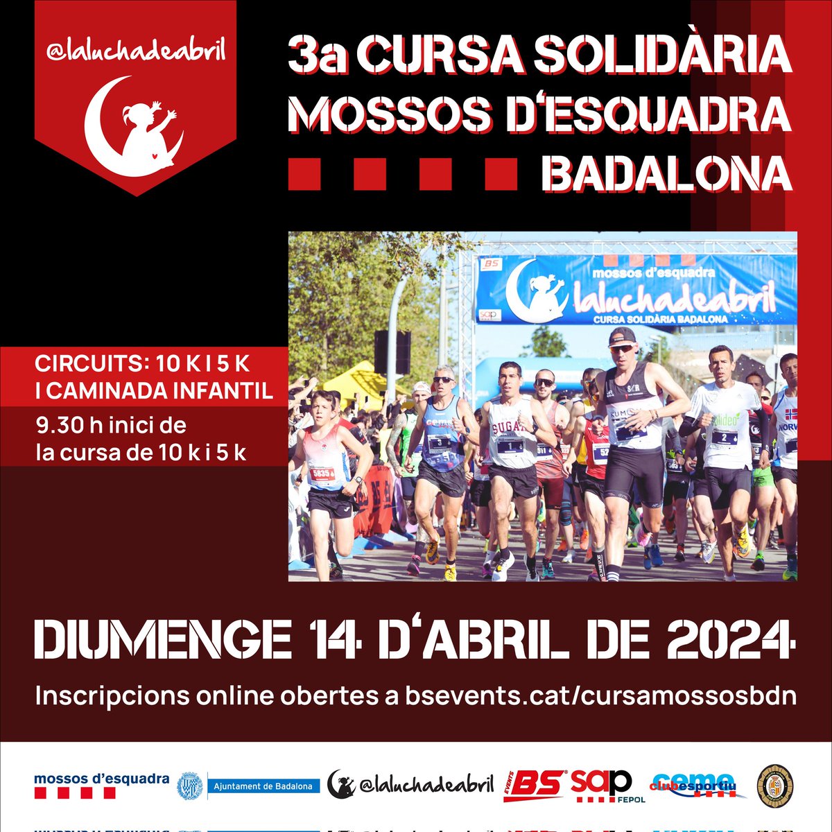 🟦🟦🟦🟦 Aquest diumenge 14 d’abril #Badalona acull la III Cursa  Popular @mossos per @LaLuchaDeAbril1, un esdeveniment benèfic que participa la @fepol_ per recaptar fons per a la investigació mèdica. Encara sou a temps de fer la vostra inscripció! 👉 bsevents.cat