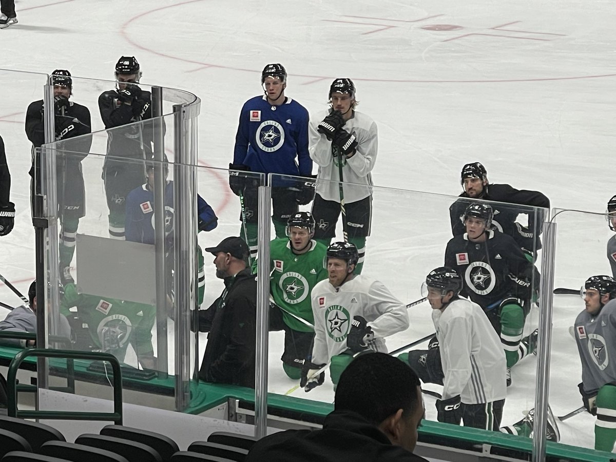 Evgenii Dadonov is on the ice for Stars practice for the first time since his injury on Feb. 10. No Jani Hakanpää still.
