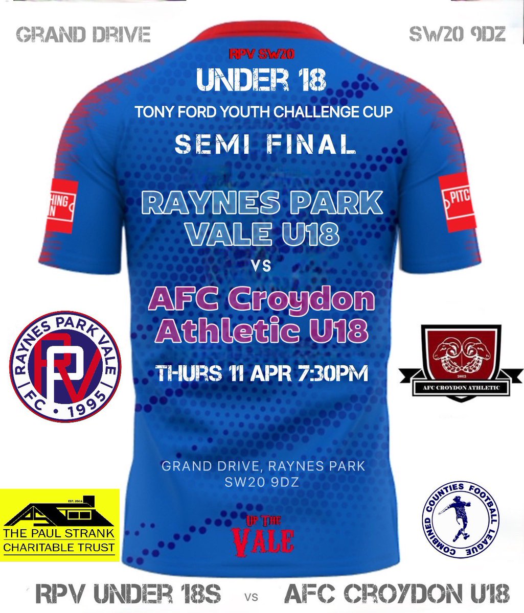 🟦🟥 Thursday Night Floodlit footy Tony Ford Youth Challenge Cup 🏆 SEMI FINAL on the main pitch Raynes Park Vale Under 18s vs @AFCCroydonAth U18s ⚽️ Thurs 11th April 7:30PM 🏟️ Grand Drive SW20 9DZ 🎟️ £6, £3, U12s £0 £/💳 #UptheVale @PaulStrankMBE @ComCoFL @surreyfa