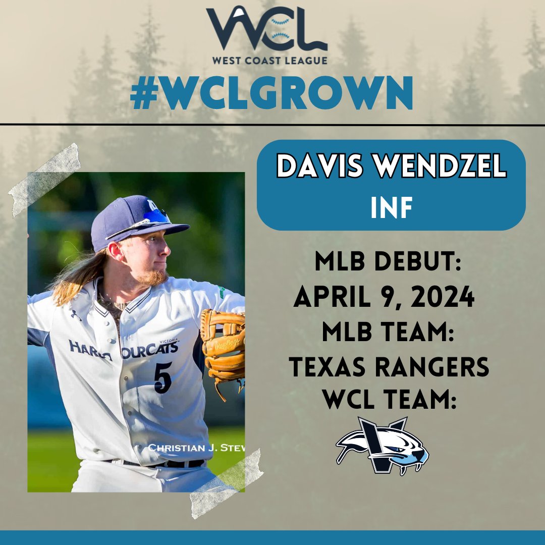 For the third time this year a #WCLGrown product has made his MLB debut. Davis Wendzel, who played for the @HarbourCats in 2017, became the 139th former WCL player to reach the big leagues when started at 3B for the @Rangers last night. See the full list. westcoastleague.com/alumnipage/