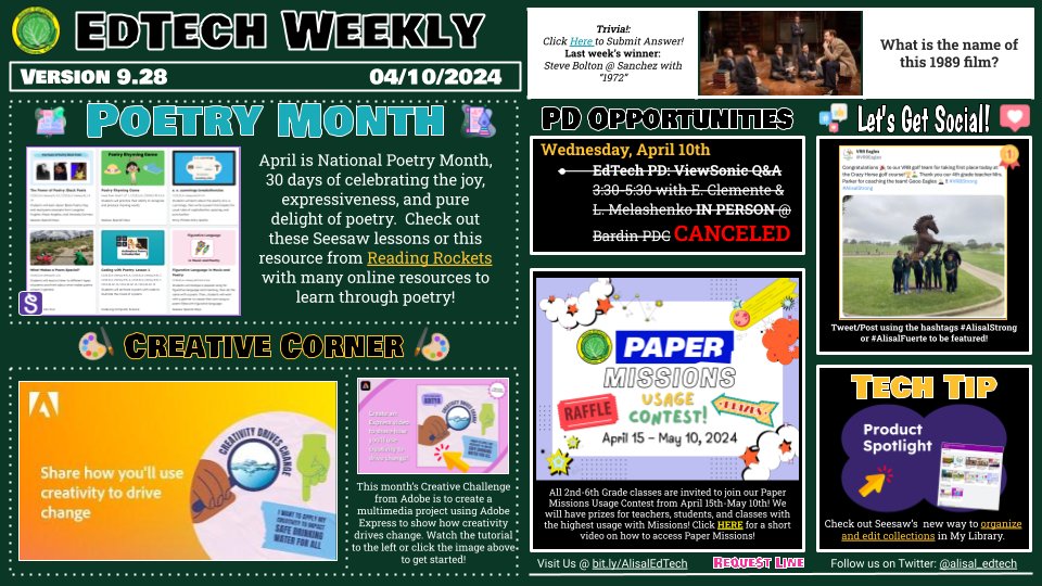 Good morning @AlisalUSD! 😎 In this week's EdTech Weekly you will find, Poetry Month ✍️📜, @AdobeExpress Creative Challenge 🖌️🎨, @paperlearning Usage Contest 🎟️🏆, Tech Tip 💻 📁, Trivia Question 🎬🎥, …and more! 🏌️⛳ Have a sensational week! 🤩 bit.ly/AlisalWeekly