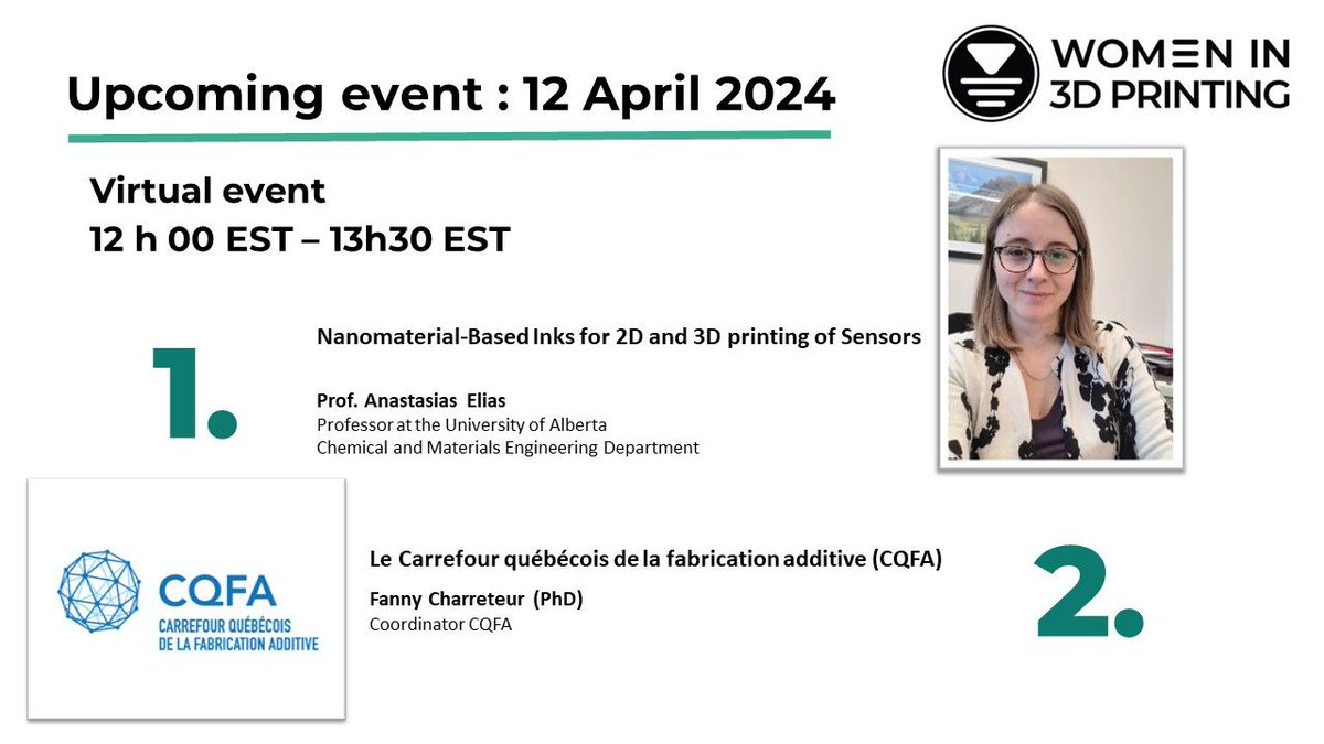 Join #Wi3DP Montreal for our 2nd event of Seminar Series 2024. We'll dive into AM research with Dr. Anastasia Elia, professor at @UAlberta , and Dr. Fanny Charreteur, coordinator of Le Carrefour québécois de la fabrication additive (CQFA). buff.ly/3VOFA0z