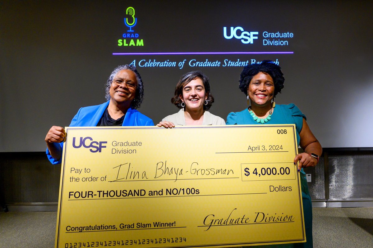 UCSF's tweet photo. Congrats to @bhaya_ilina, our @UCSFGradDiv Grad Slam champion, with her presentation on "The Magic of Language Understanding." We can't wait to cheer her on in the @UofCalifornia #GradSlam finals on May 3. https://t.co/pIclh3AA0k https://t.co/OFYDhkCQBL