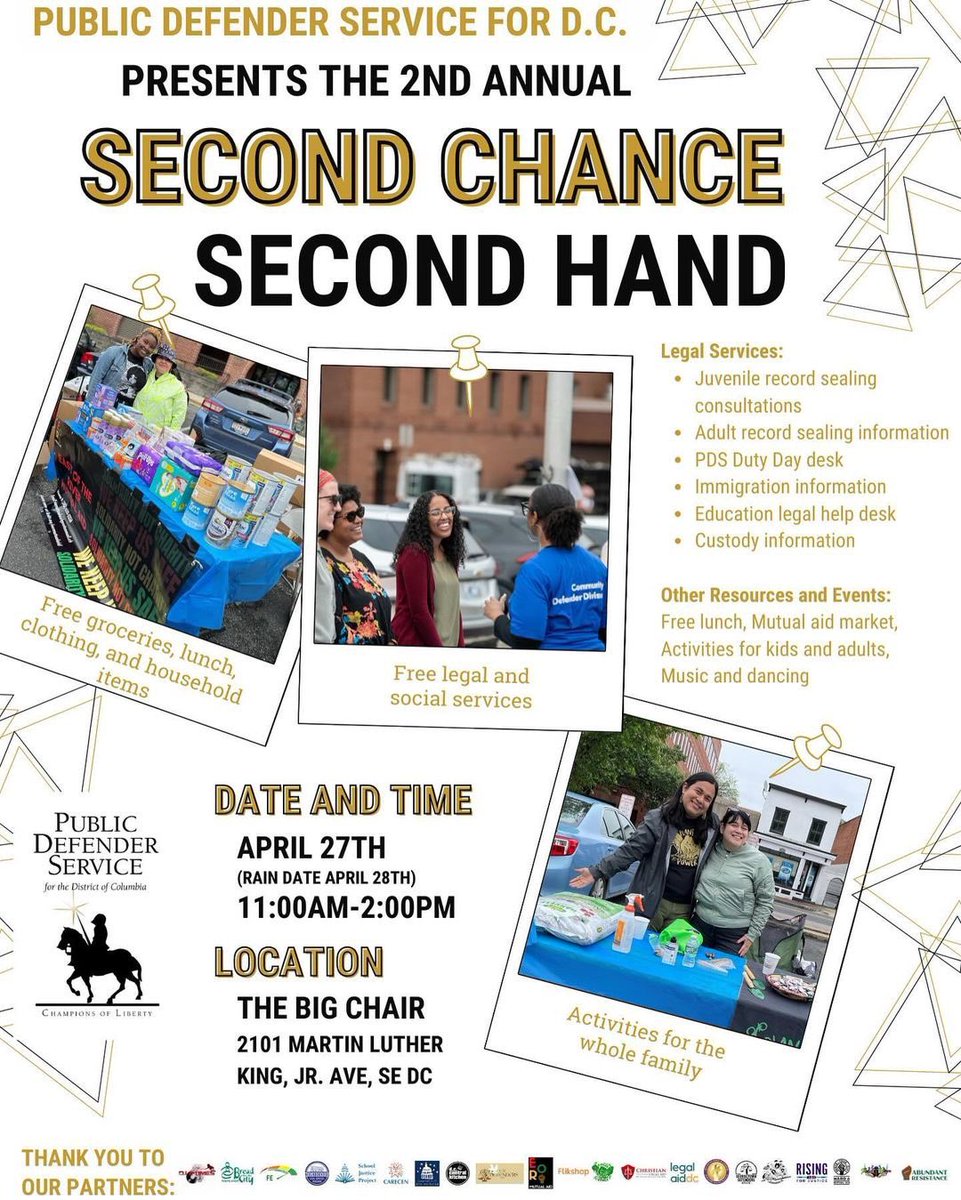 ‼️ Mark your calendars! Join us on Apr 27 for @pdsdc’s 2nd annual 'SECOND CHANCE, SECOND HAND' event! ➡️ Enjoy FREE legal services, community resources, lunch, groceries, #MutualAid Market, live art, DJ, and family activities. 📲 Check out the attached flyers for more info!