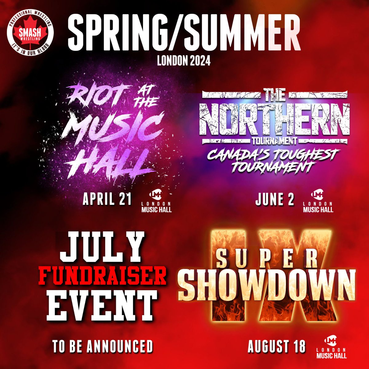 🚨BREAKING NEWS🚨 Spring/Summer Events: London, ON Tix on sale Friday @ 12PM smash-wrestling.com #SmashWrestling #IndieWrestling #LondonMusicHall #DowntownLondon #LiveProWrestling #LondonOntario #LondonOntarioEvents #ForestCity #AEW #TNA