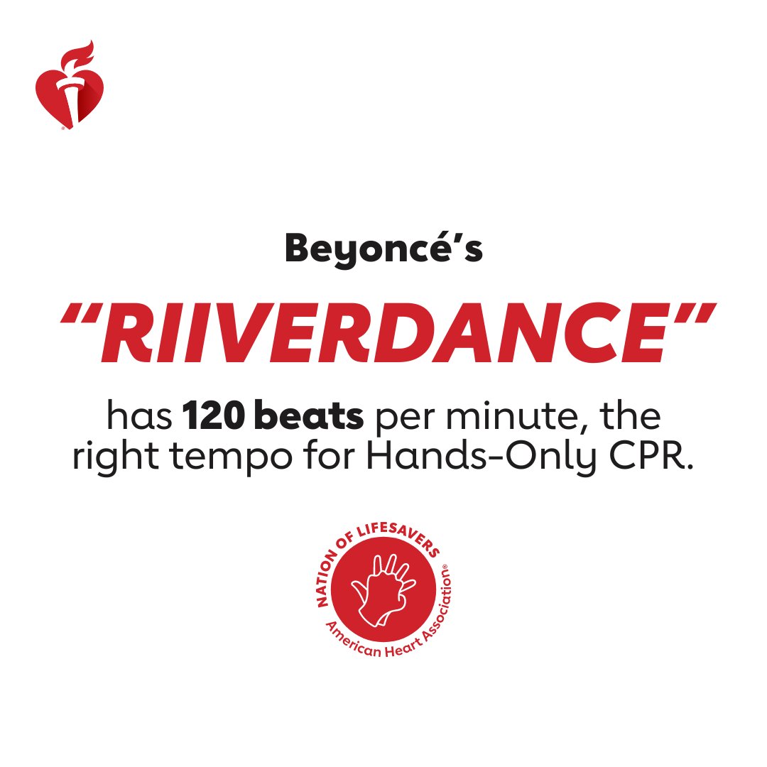 We’re runnin’ through the river, bouncin’ and dancin’ because @Beyonce’s music is helpin’ save lives. 💃🕺🙌 Remember, if you see a teen or adult collapse, call 911, then push hard & fast in the center of the chest to the beat of RIIVERDANCE. #NationofLifesavers #CowboyCarter