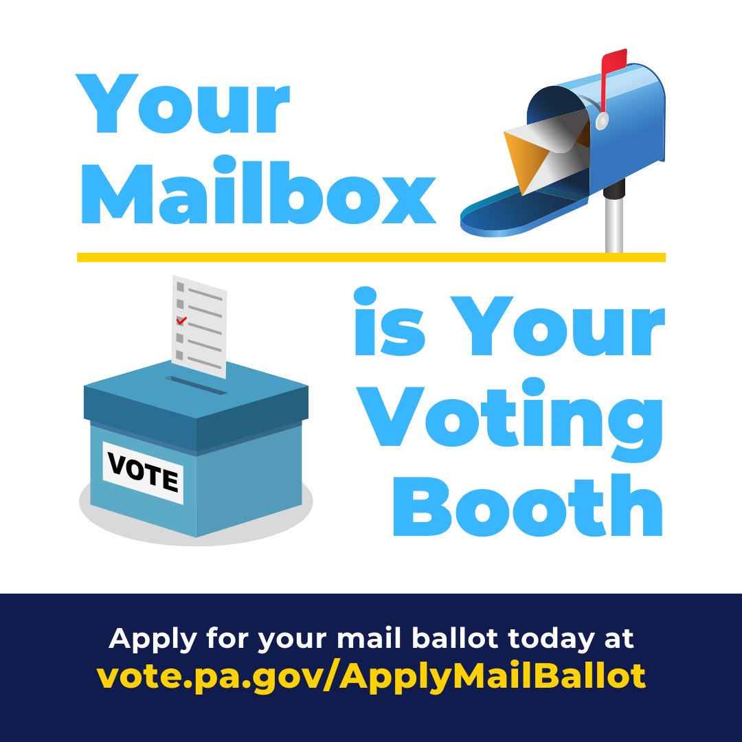 Voting by mail-in or absentee ballot is safe, secure, and easy! You can request a mail-in or absentee ballot until April 16th at 5PM. Apply for your mail ballot today at vote.pa.gov/ApplyMailballot