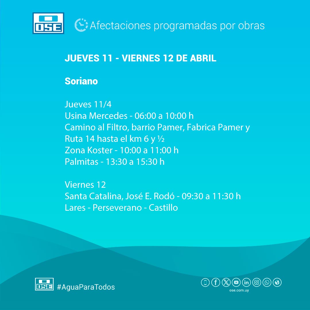 Afectaciones de suministro programadas 📆 Jueves 11/4 - viernes 12/4 📍 Soriano 📲 0800 1871 | * 1871 gratis desde móviles #oseuruguay