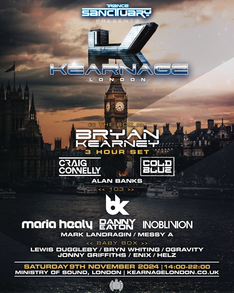 We're excited to reveal the lineup for our annual bash with @kearnagerec on the 9 November at Ministry of Sound, London! @bryankearney @craig_connelly @Cold_Blue @bkeenen @MariaHealydj @InoblivionMusic Tickets are now on sale: kearnagelondon.co.uk #trance #trancefamily