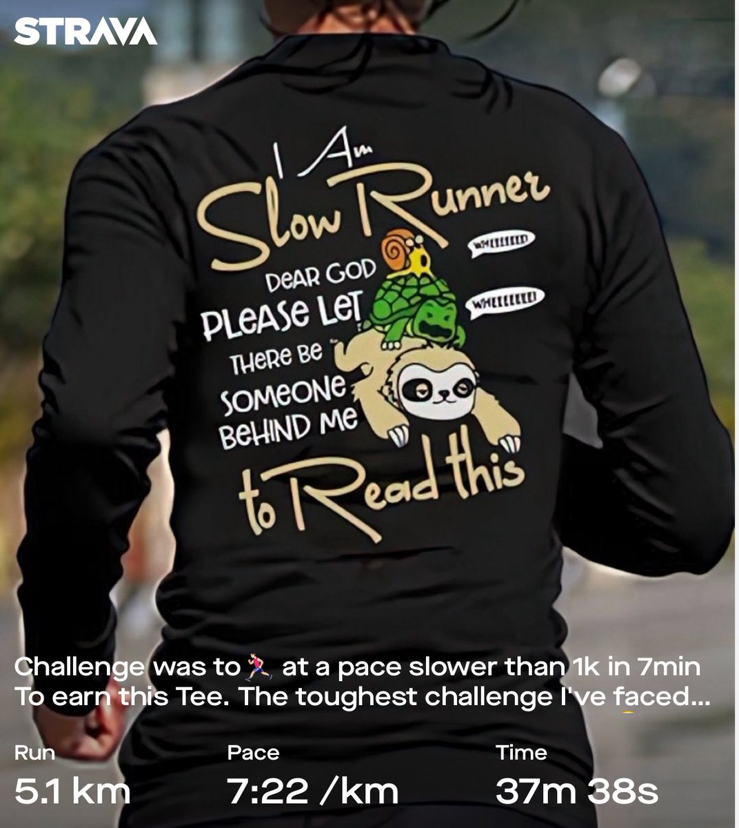 Challenge was to🏃🏻‍♂️ at a pace slower than 1k in 7min To earn this Tee. The toughest challenge I've faced. Even the walkers were ready to outpace me. Now waiting for it to be delivered 😊