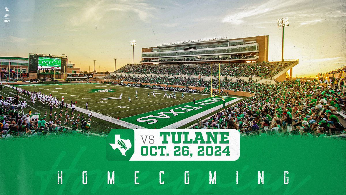 🗓️ SAVE THE DATE 🗓️ @MeanGreenFB Homecoming is set for October 26th vs. Tulane! 🔗 northtex.as/Homecoming24 #GMG🟢🦅