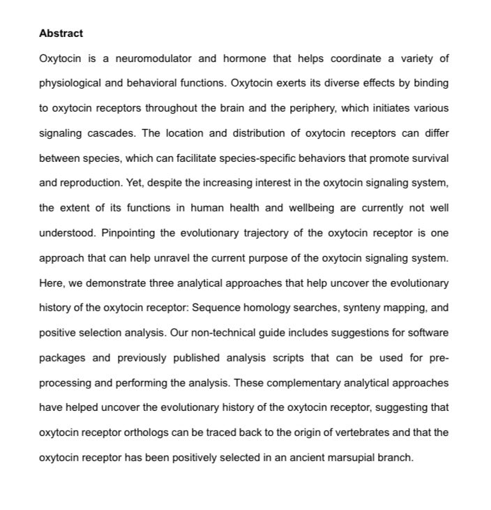 In our latest preprint led by @am_sartorius, we describe the evolution of the oxytocin receptor via three analytical approaches: Sequence homology searches, synteny mapping, and positive selection analysis osf.io/preprints/osf/…