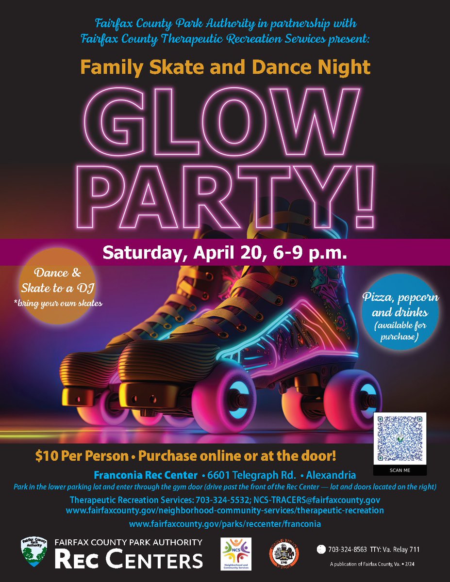 Glow and groove at the Family Skate and Dance Night - GLOW PARTY on Saturday, April 20 at Franconia Rec Center! 🌟🎶🕺 Buy tickets online or at the door ($10 per person): bit.ly/3VOEQZi