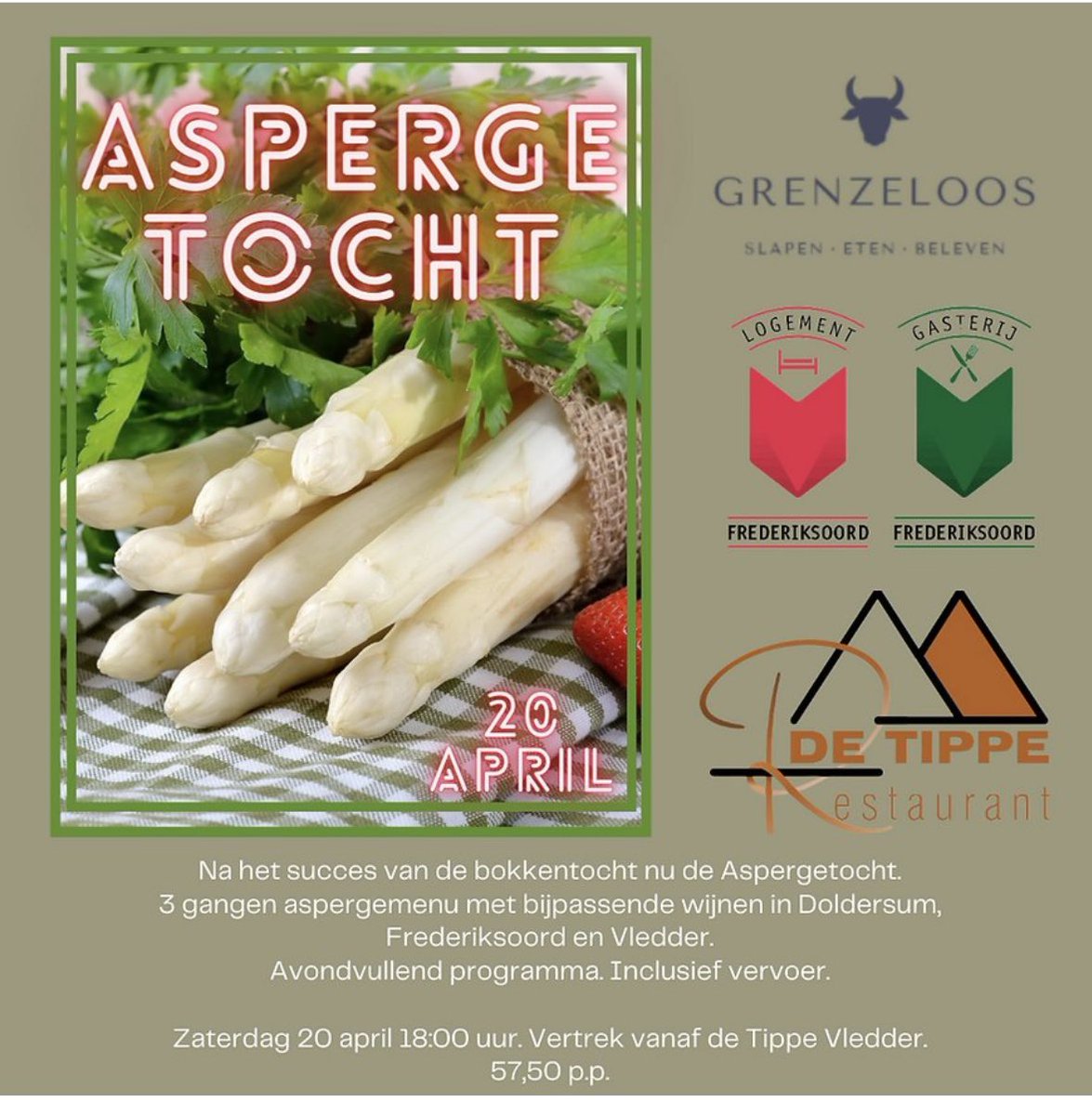 Volgende week is het zover! Onze gezamenlijke #AspergeTocht. Starten in Vledder en een 2 heerlijke stops bij Grenzeloos- Drenthe en Logement &amp; Gasterij Frederiksoord en afsluiten in Vledder.
Busreis, diner, wijntjes, it’s all in 🤩 
Kaarten: caterent.nl 
Bus vol =vol