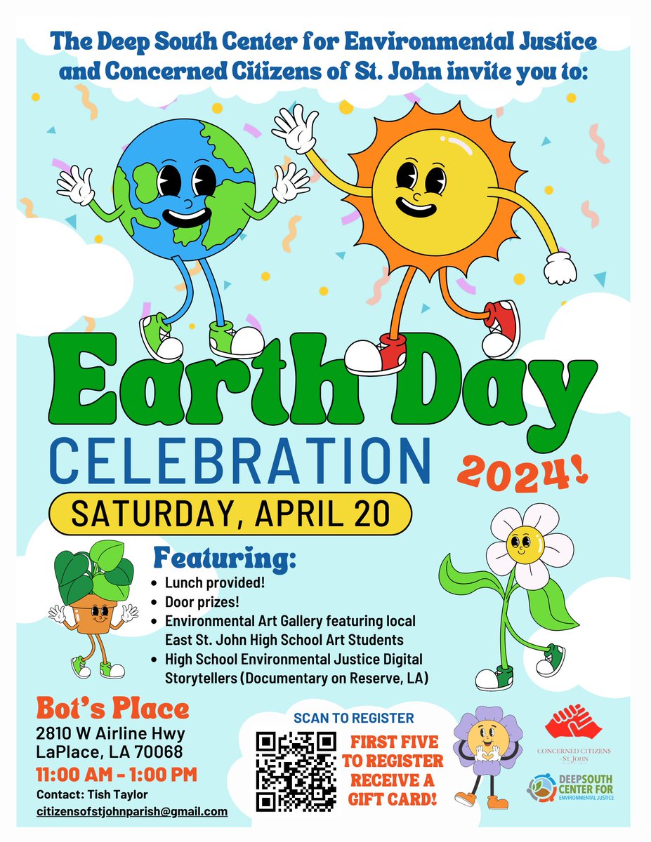 SAVE-THE-DATE! Join us on April 20, 2024, at 11 am for the biggest Earth Day Celebration ever in the River Parishes, hosted in partnership with @CCOStJohn. The event will take place at Bot’s Place, 2810 W. Airline Highway in LaPlace. RSVP now! conta.cc/49p9ZFO #EarthDay