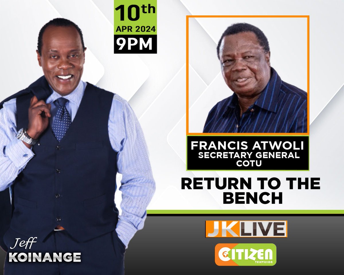 If it's Wednesday you know it's #JKLIVE @citizentvkenya from 9pm.....Taaanite, he's baaack!!! COTU Sec Gen, Francis Atwoli on why COTU is so silent on the Doctor's Strike....also, whatever happened to Luhyia Unity? Details, Natembeya, Ma-DVD?? What does he think about Baba's bid…