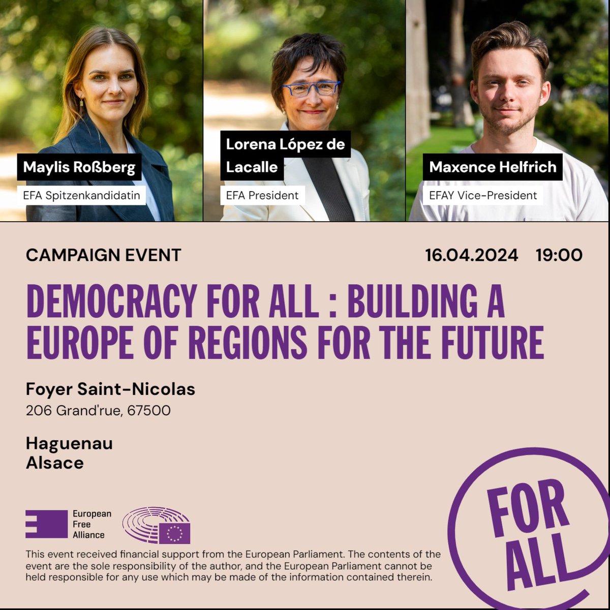 The campaign continues! 🚀 On Monday, April 16th, @RoMaylis and @lorenalacalleA will be traveling to #Haguenau in Alsace for an #EUelections2024 campaign event 🇪🇺 The discussion will focus on how the future of Europe relies on all regions working together 💜