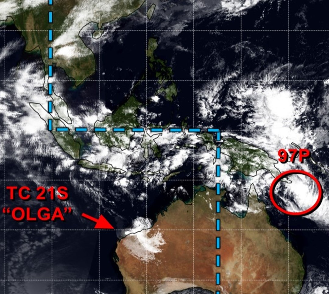EYulihastin's tweet photo. Update: Habis Olga, terbitlah bibit siklon 97P di perairan tenggara Papua. Efeknya, semua awan-awan konvektif di Indonesia ditarik ke arah timur menuju pusat badai tropis. Karena itu, hujan kembali mengguyur wilayah RI. Keep up to date for the best mitigation respond. https://t.co/Yvo2b39WAb