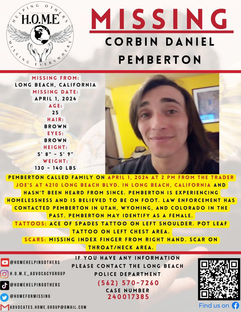 🚨𝗠𝗜𝗦𝗦𝗜𝗡𝗚 𝗣𝗘𝗥𝗦𝗢𝗡🚨
𝗖𝗼𝗿𝗯𝗶𝗻 𝗗𝗮𝗻𝗶𝗲𝗹 𝗣𝗲𝗺𝗯𝗲𝗿𝘁𝗼𝗻 (𝟮𝟱)
𝗟𝗼𝗻𝗴 𝗕𝗲𝗮𝗰𝗵, 𝗖𝗮𝗹𝗶𝗳𝗼𝗿𝗻𝗶𝗮 (𝗟𝗼𝘀 𝗔𝗻𝗴𝗲𝗹𝗲𝘀 𝗖𝗼𝘂𝗻𝘁𝘆)
𝗔𝗽𝗿𝗶𝗹 𝟭, 𝟮𝟬𝟮𝟰
#missingperson #longbeach #losangelescounty #california #Namus