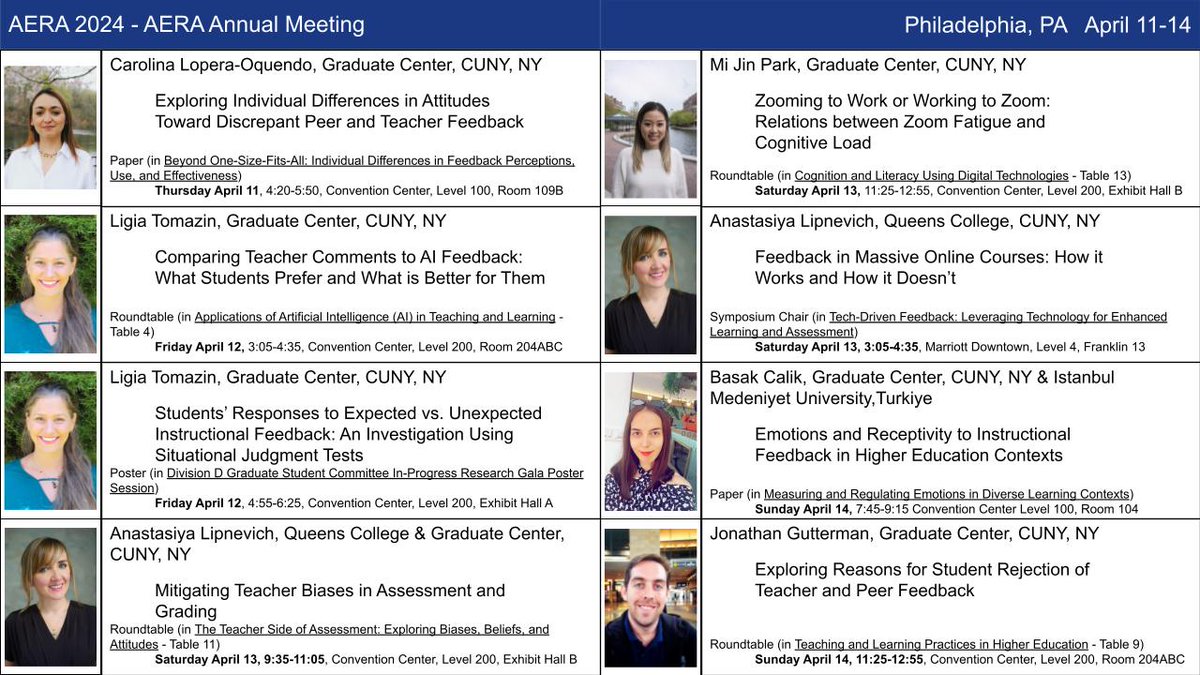 Here are all the talks - posters - roundtables -symposia from our team at #AERA24! Please come and join us as we discuss grading, testing, biases, peer/teacher/AI feedback and much much more! Looking forward to catching up with colleagues and friends @AERA_EdResearch