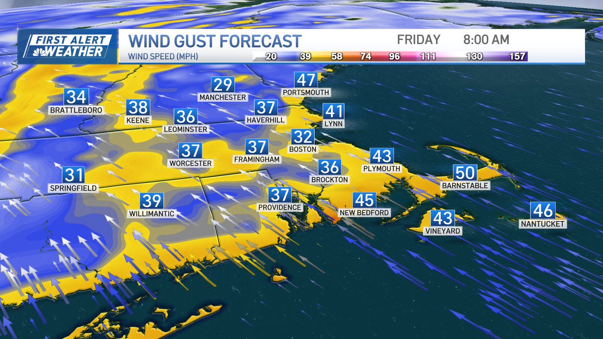 First Alert for overnight Thursday-Friday. Heavy rain around 1', a couple t-storms, and south wind gusts 40-50 mph. Watching for river flooding to develop in northern New England as we see lots of snowmelt this week too. @NBC10Boston @NECN