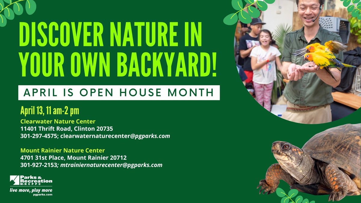 Earth Day Celebrations continue! THIS SATURDAY join us at Clearwater Nature Center and Mount Rainier Nature Center to meet our dedicated staff and enjoy FREE activities! 

Saturday, April 13, 11 am - 2 pm
All Ages; FREE