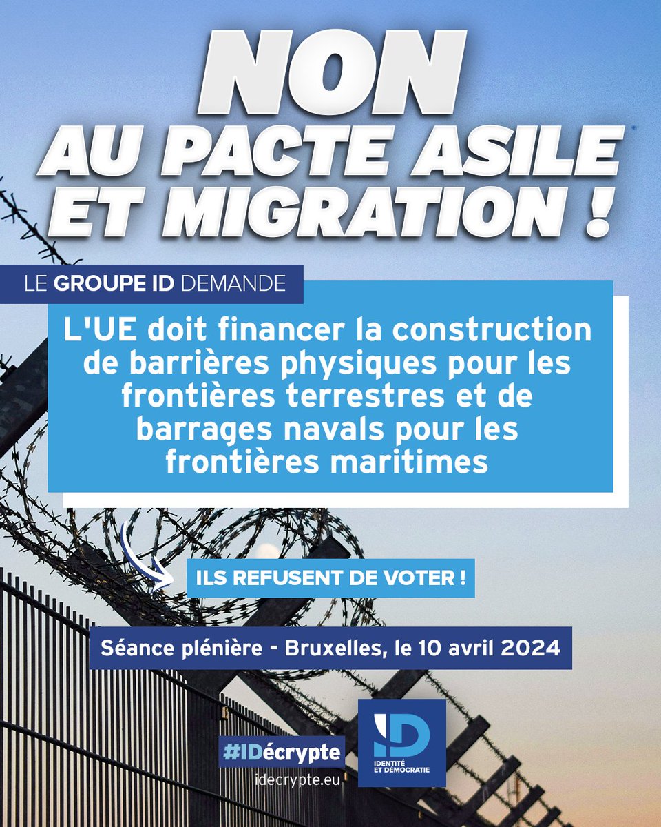 🔴 « L'UE doit financer la construction de barrières physiques pour les frontières terrestres et de barrages navals pour les frontières maritimes. » 🇫🇷 La Délégation française du Groupe ID le proposait, les technocrates l'ont refusé ! #EPlenary