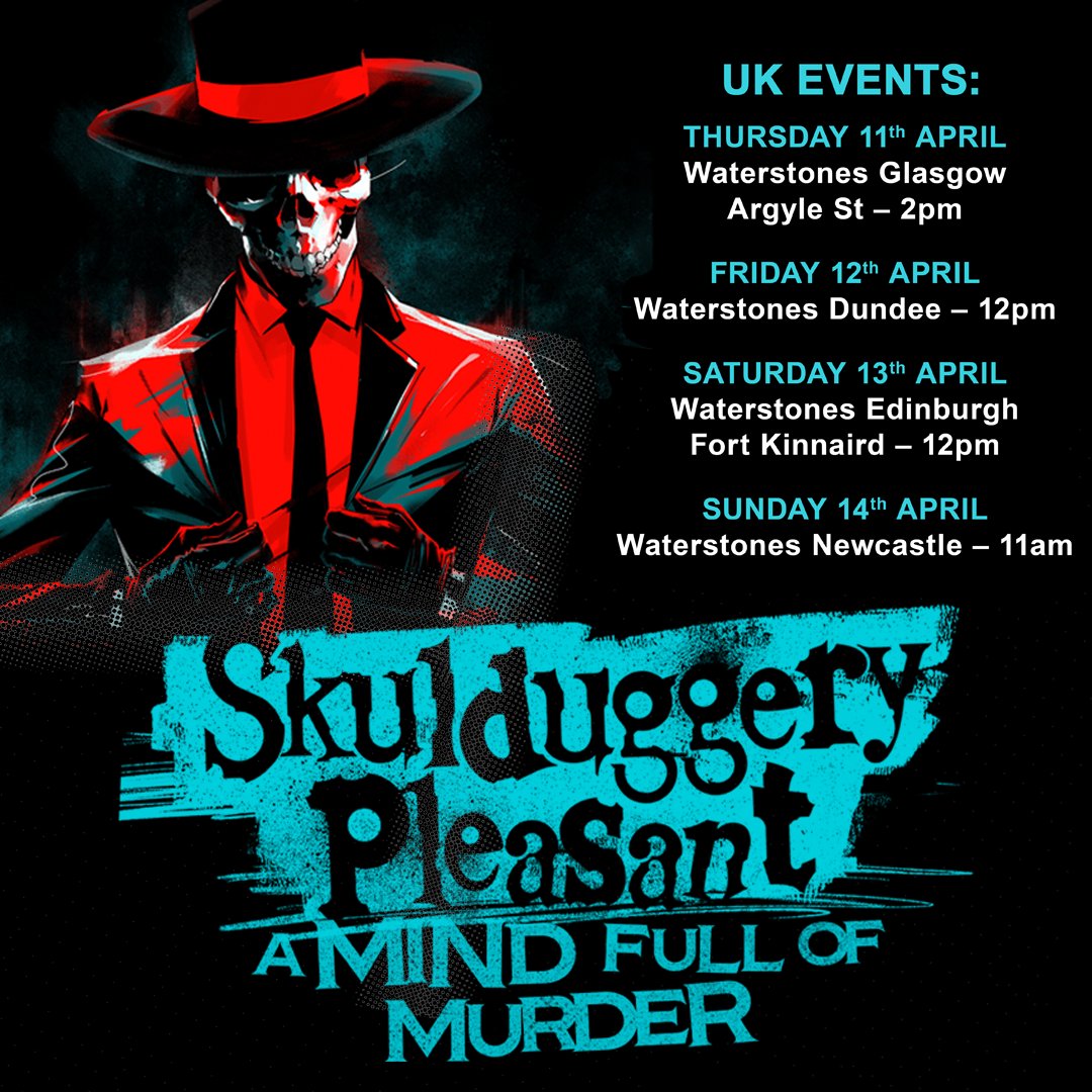 💀 #SkulduggeryPleasant fans... Don't miss your chance to meet @DerekLandy on the A Mind Full of Murder signing tour - kicking off in the UK in Glasgow *tomorrow* 11th April! All details here: skulduggerypleasant.co.uk/a-mind-full-of… 💀