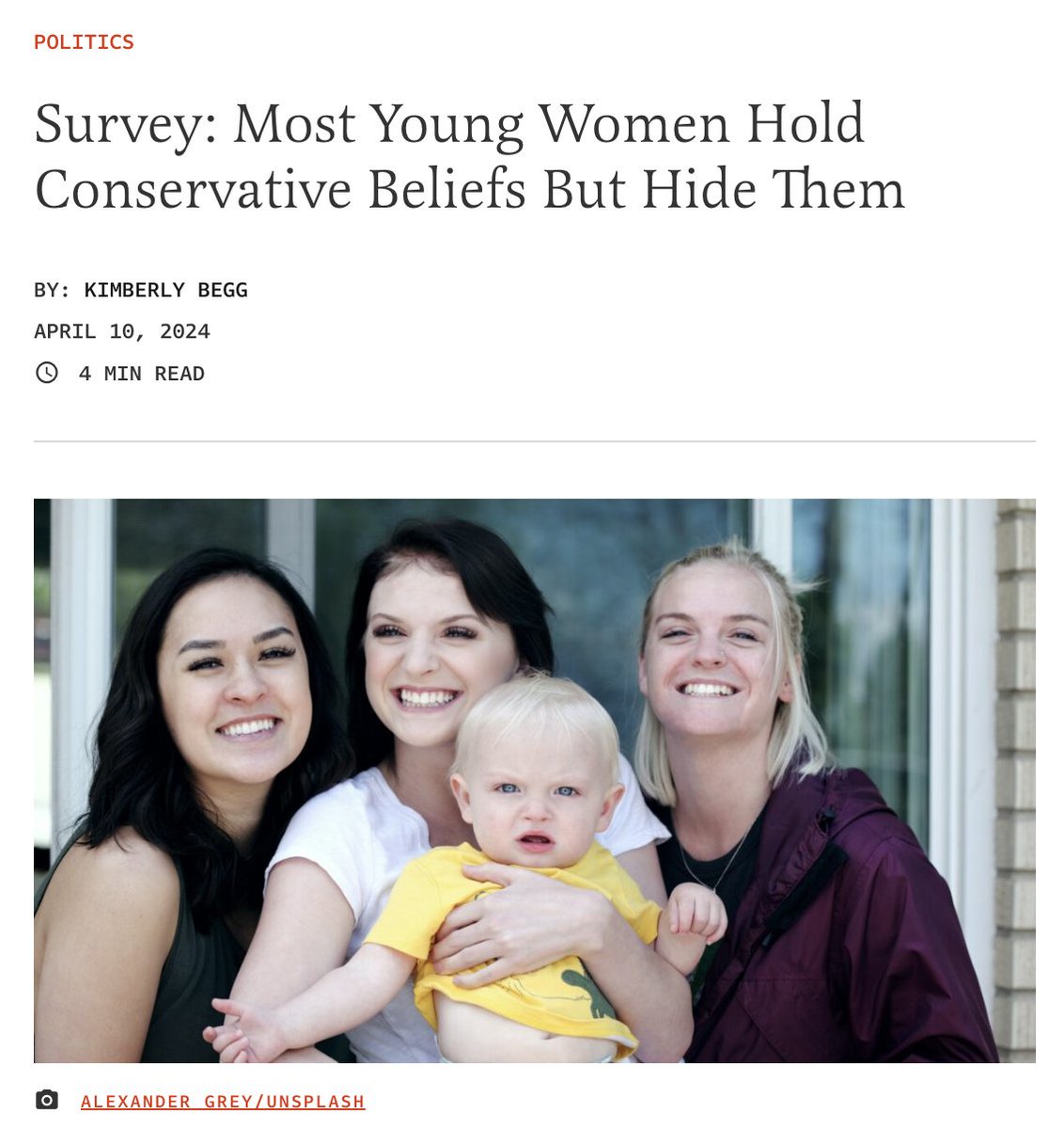 In a survey of women... > 79% think stay-at-home moms are equally successful women working in a professional field > 68% plan to be married with at least one kid by age 30 > 64% think hook-up culture is harmful for women Yet, only 20% of these women identified as conservative.