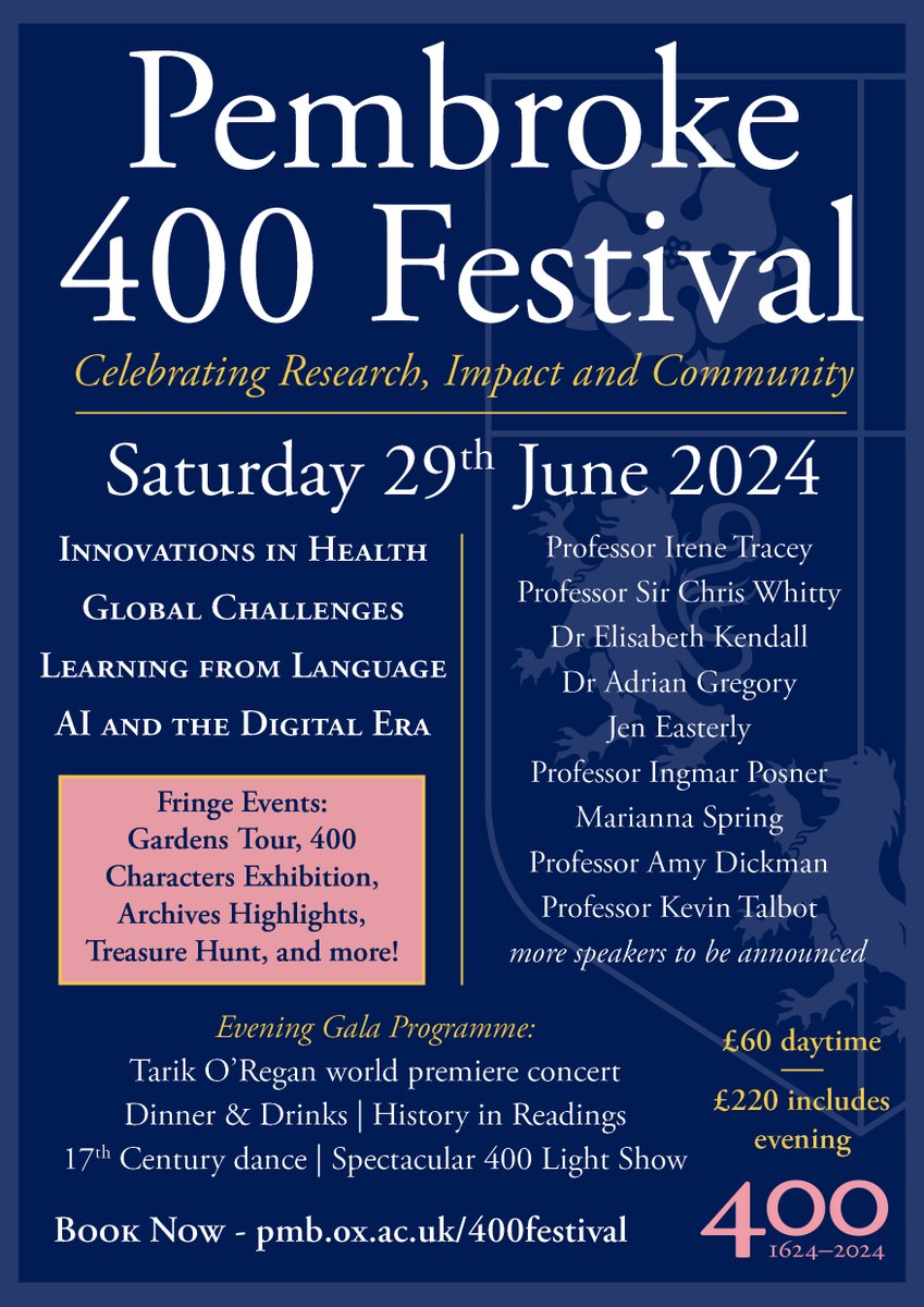 On Saturday 29th June, 2024, Pembroke College officially turns 400 years old - and we're inviting you to celebrate the day with us at our Pembroke 400 Festival! rb.gy/w9uzp7 Join us for a day of discussions, talks and celebration of all things Pembroke...🧵