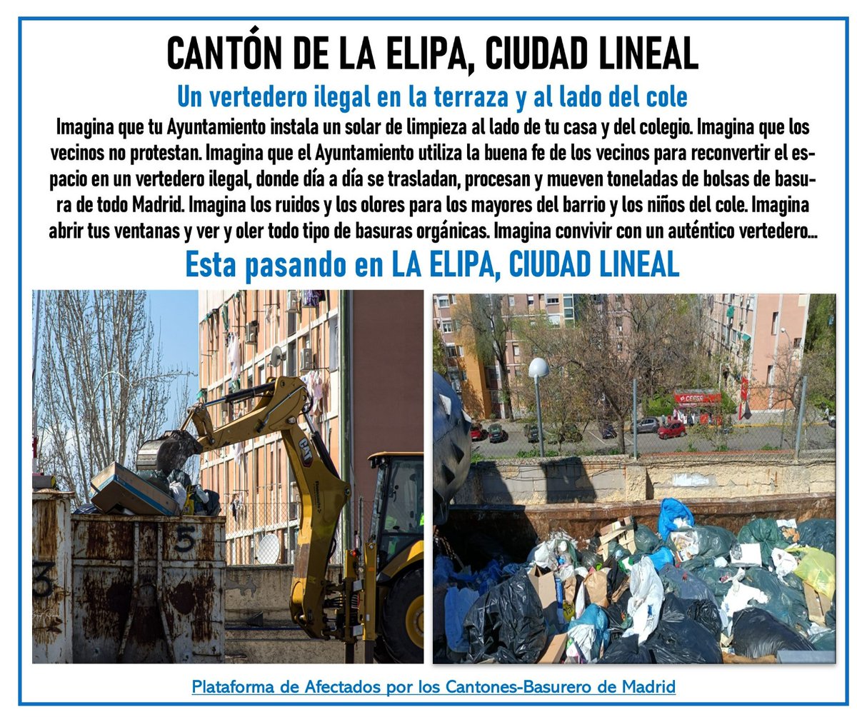 @MalvarezNadia @GrupoPPMadrid De todos no sra, Concejal, los vecinos de #LaElipa_Ventas seguimos soportando 24hx7d la actividad del #Vertedero alegal a <40m de viviendas y colegio, con el beneplácito de la @JMDCiudadLineal @MasMadridCiudad @PSOECL @VOX_AytoMadrid @IUCiudadlineal @PODEMOS @NO_canton @fl_fln