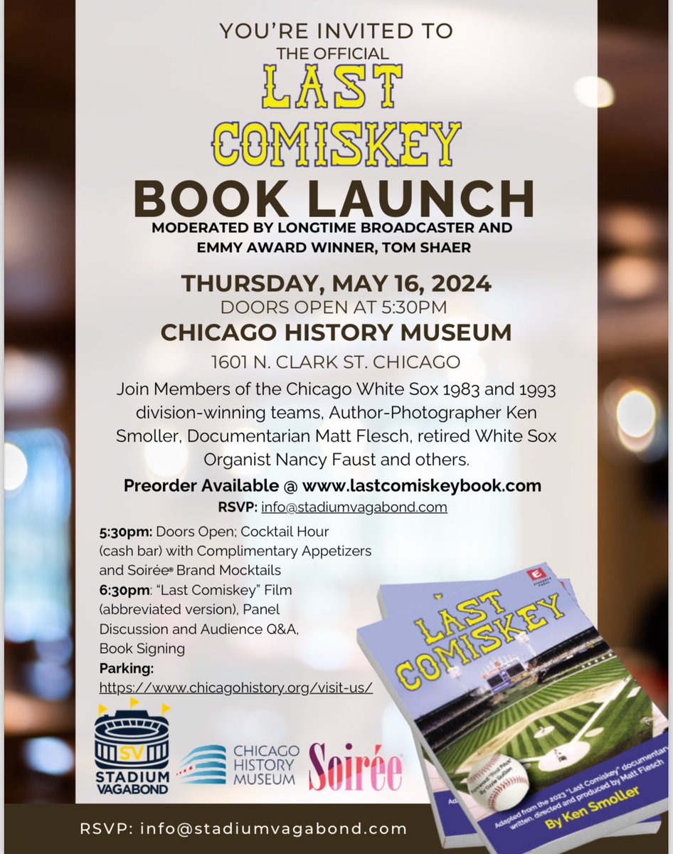 For anyone interested in attending the free “Last Comiskey” Book Launch at the @ChicagoMuseum on May 16th, here is the official invite. Former @whitesox players, to be named later, will be on hand. #lastcomiskey #whitesox