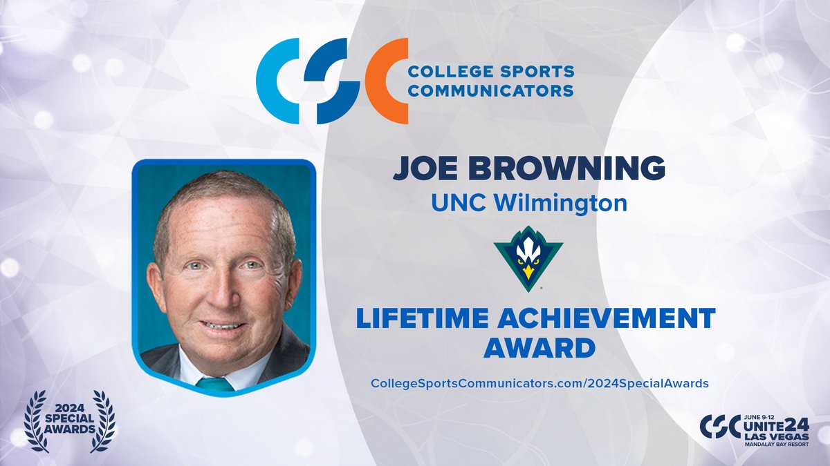Former @UNCWAthletics Sr Assoc AD, Joe Browning (@jpbwilmnc) is a CSC 2024 Lifetime Achievement Award recipient! Browning had a 42-year career in college athletics, and served in a variety of roles over the 37 years he was part of UNCW. Read more: collegesportscommunicators.com/news/2024/4/10…