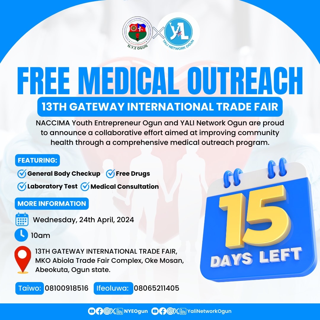 15 days until we bring health and hope to those in need.

You can still donate towards this course.

 Account Number : 0288473413 
Bank :Wema Bank 
Account Name: Yali NETWORK OGUN 

#MedicalOutreach #yalinetworkogun #YALINetwork  #NACCIMAOgun