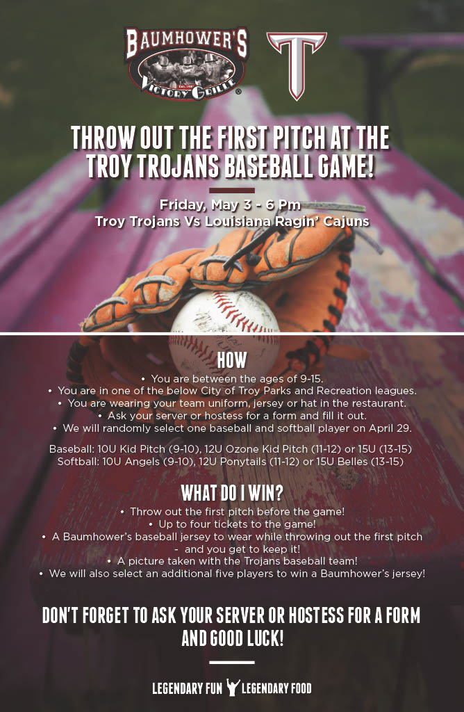 Become a part of a legendary tradition and throw out the first pitch at the Troy Trojans Baseball Game against the Louisiana Ragin’ Cajuns on Friday, May 3! ⚾🔥 @BobBaumhower @TroyAthletics