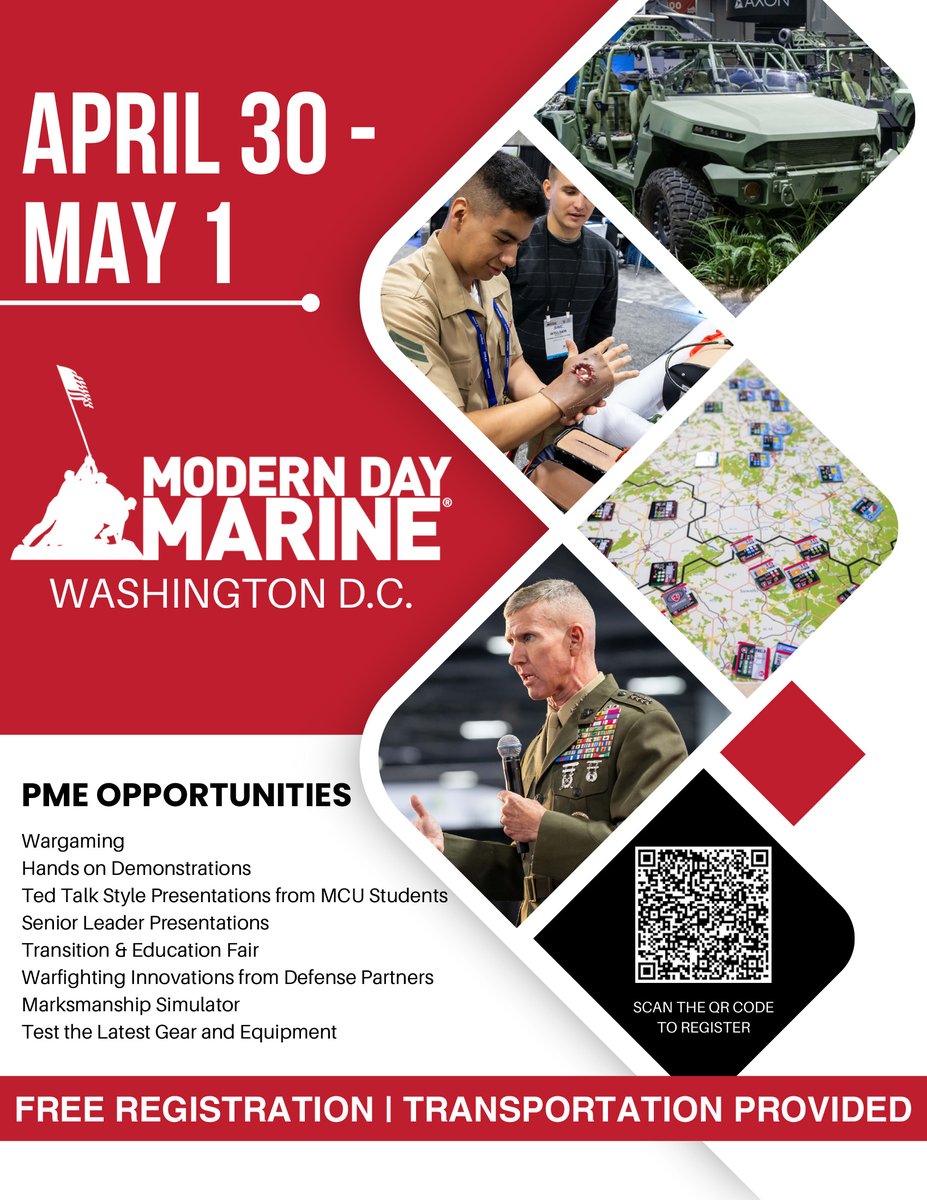 ✔️ Save the Dates! April 30 - May 1 🇺🇸 The @USMC @ModernDayMarine is here! ✔️ Don't miss out on some excellent PME opportunities, as well as some cool gadgets. ✔️ Free registration and transportation will be provided. 📸 Register by scanning the QR code on the flyer.