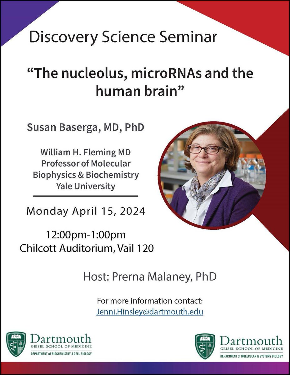 Please join BCB and MSB and on Monday, April 15, @ 12pm in Chilcott Auditorium for a seminar by Susan Baserga, MD, Ph.D. @GeiselMed @dartmouth @MCBDartmouth @DartmouthNeuro @QBSdartmouth @dartgrad @DartmouthBCB @SusanBaserga @Yale