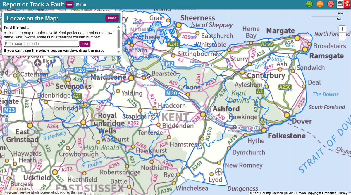 KentHighways's tweet image. Please visit webapps.kent.gov.uk/KCC.KHSFaultsG… to report problems on KCC roads. Fault locating options now include @what3words For emergencies call 03000 418181.