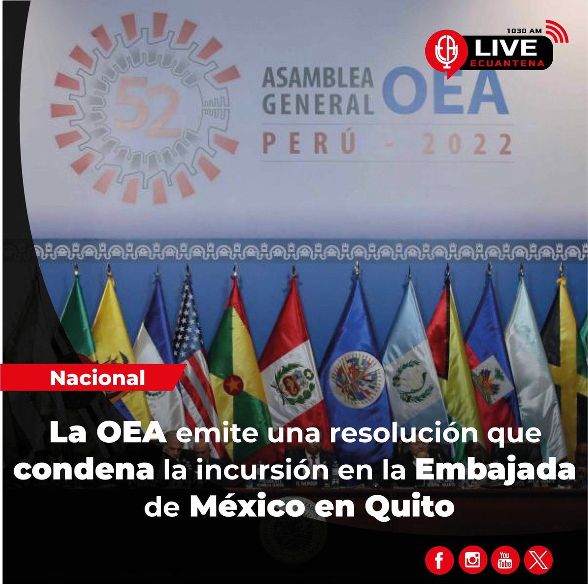 ecuantena's tweet image. ** NACIONAL **
La #Organización de los #EstadosAmericanos (#OEA) arropó este miércoles a #México y aprobó una resolución que condena la incursión de la #Policía en la #embajada mexicana en #Quito del pasado viernes.