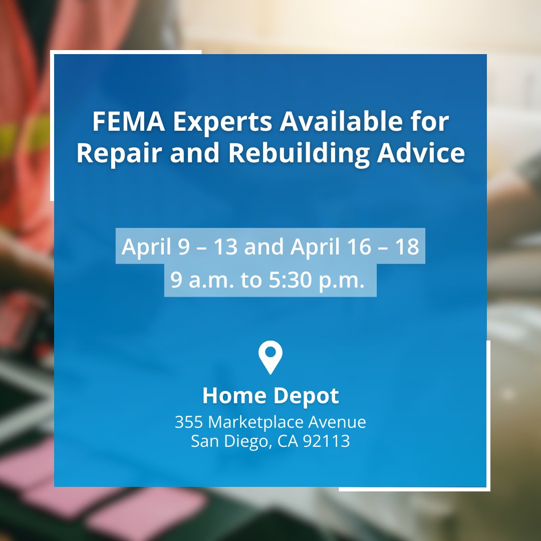 @fema has experts available at Home Depot (355 Marketplace Ave.) for homeowners affected by the Jan. storm to: - Answer repair & rebuilding questions - Offer home-improvement tips to help reduce damage from future disasters - Share techniques for rebuilding hazard-resistant homes