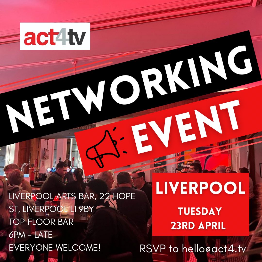 📣 LIVERPOOL! We’ve decided to throw another Networking Event to get everyone together and make new connections!🎉 So many of you came to last our one and we saw so many new and familiar faces that we want to keep this acting community growing! 🤩 Please RSVP to hello@act4.tv🥳