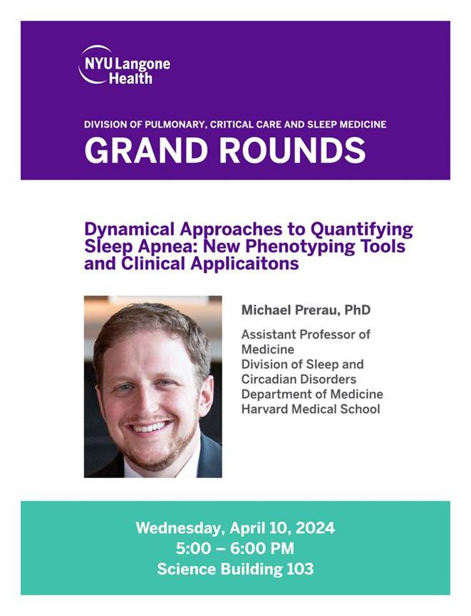 This evening for Pulmonary Grand Rounds we are excited to welcome Dr. Michael Prerau @PrerauLab @harvardsleepmed to discuss Dynamical Approaches to Quantifying #SleepAprea: New Phenotyping Tools and Clinical Applications #SleepMedicine #PCCM #Meded