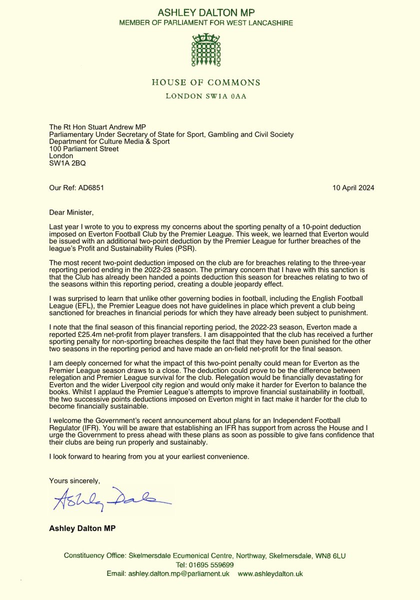 Today, I wrote to the Government to express my concerns about the two-point deduction handed to #Everton this week, their second points deduction of the season. An Independent Football Regulator can’t come soon enough to give fans more confidence about the future of their clubs.