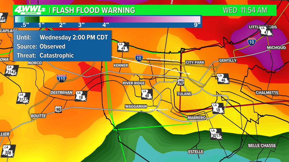 A Flash Flood Warning has been issued for parts of the New Orleans Metro until 4/10 6:00PM. Street flooding is happening or about to happen. Don't drive through flooded roads. #BeOn4